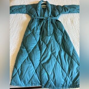 Warm Things Quilted Down Fill Robe Teal Shawl Collar Belt Women's Medium